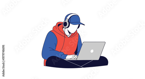 Man wearing headphones using laptop computer.