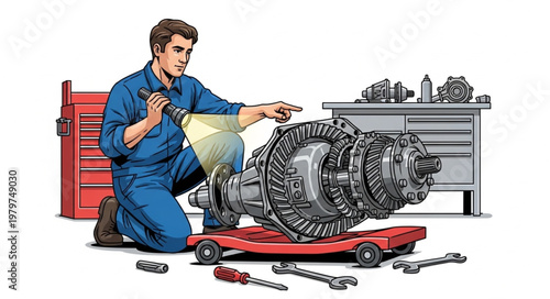 Mechanic Inspecting Complex Automotive Differential Gear Assembly.