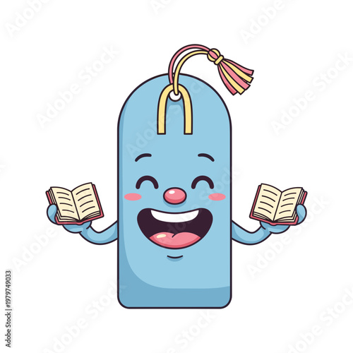 Smiling blue cartoon bookmark with books.