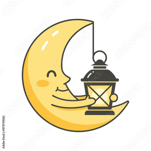 Smiling crescent moon with lantern.