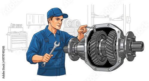 Mechanic Inspecting Differential Gearbox Mechanism.