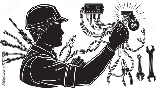 Electrician working with wires and tools in hand carefully