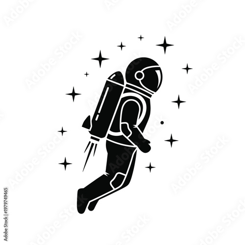 Astronaut floating in space with rocket jetpack and stars.