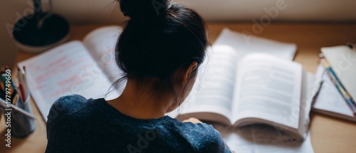 Over shoulder view of student sitting study desk preparing exam reviewing multiple open book writing key point notebook stationery visible quiet study environment camera behind subject no face visible