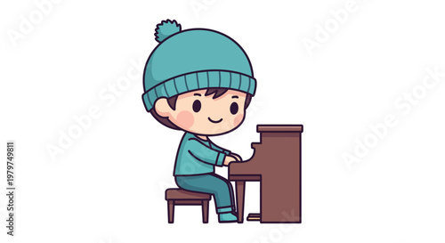 Vector illustration of a smiling child playing brown piano.