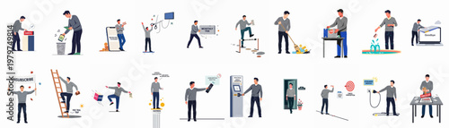 Collection of illustrations showing a man canceling subscriptions, ending memberships, unsubscribing from services, and avoiding hidden fees or recurring payment traps.
