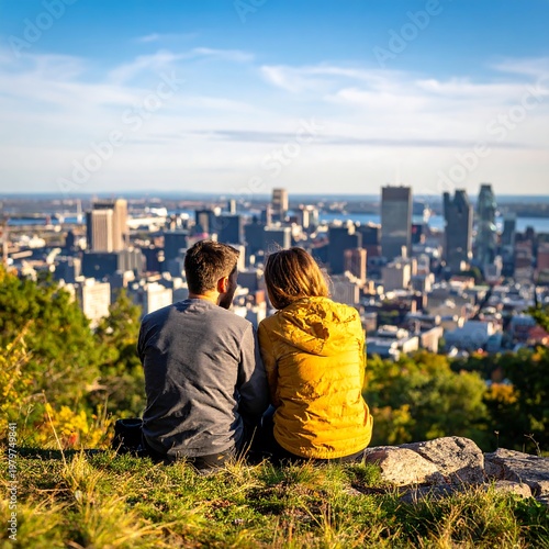 Couple sits atop hill overlooking city. Fall colors. Skyline view. Distant river. Sunlight