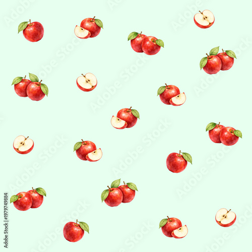 Seamless watercolor pattern with red apples and slices. Fresh fruit design for fabric, kitchen decor, wrapping paper, packaging and autumn themes.