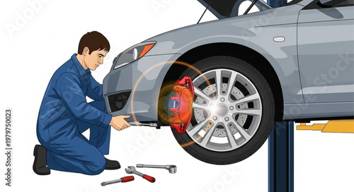 Mechanic performing brake repair on a car lifted on a hydraulic platform.
