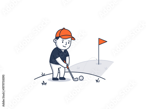 Outline cartoon golf player putting on green with flag vector illustration