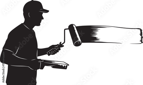 Man painting with roller and paint tray in hand