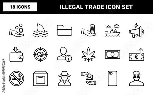 Black line icons of illegal activities and financial crimes