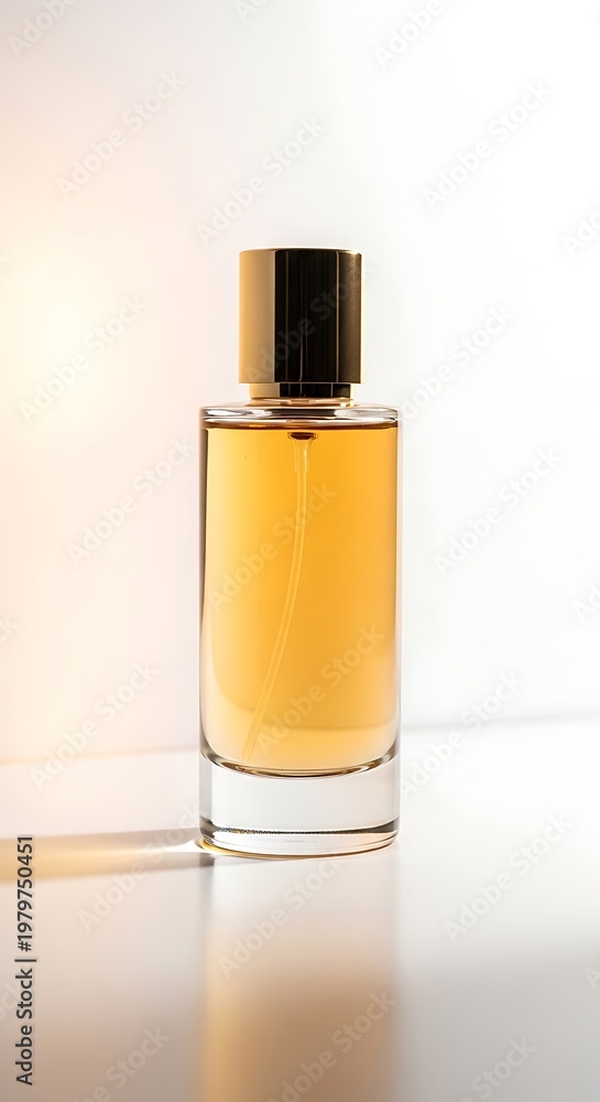 Naklejka premium Elegant perfume bottle with a black cap on white background.