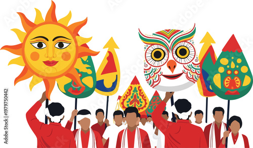 People in a cultural procession holding large, colorful cutouts of a sun and an owl, celebrating a traditional festival.