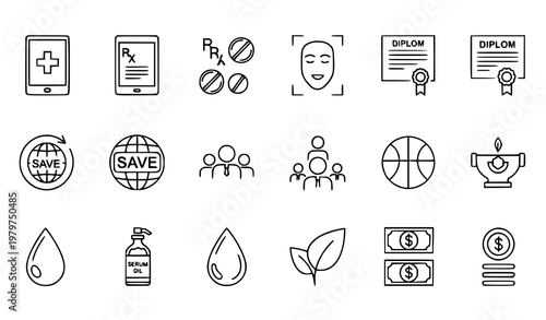 Multi category line icons set with medical tablet face detection organic product and business symbols vector