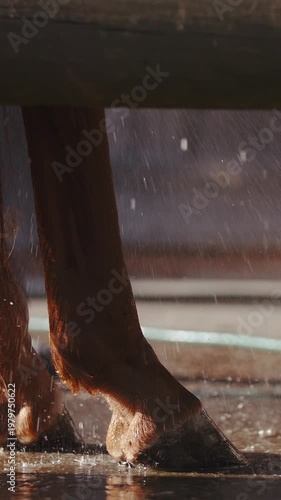 Water running from horse close up on hooves in slow motion
