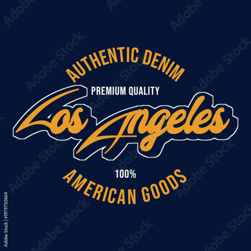 Vintage-inspired “Los Angeles” script with premium denim theme, featuring classic American style typography and circular badge layout on a dark background.