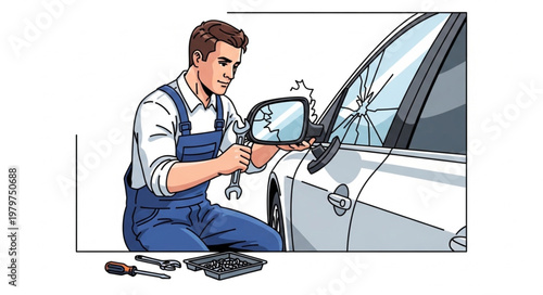 Mechanic repairing a broken car side mirror with tools.