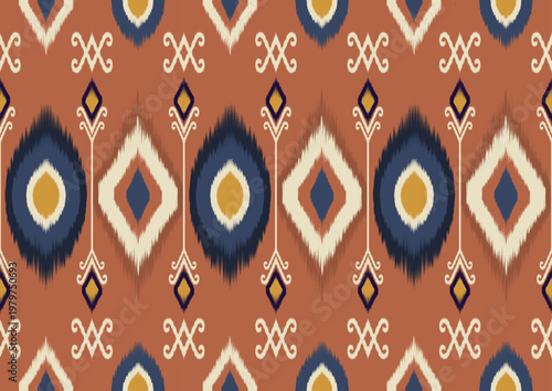 Ornate Indigo and White Ethnic Ikat Geometric Pattern