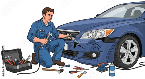 Mechanic repairing blue car.
