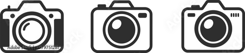 Set of modern digital camera icons featuring minimalist black and white line designs representing professional photography videography media content creation illustration.