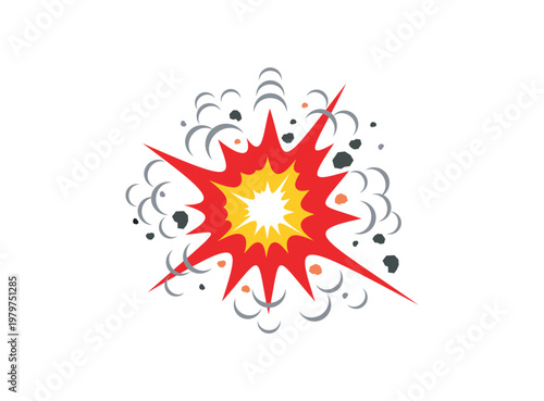 Energy explosion. Dynamic boom comic style flame smoke clouds bursts, power flash game effects vector illustration