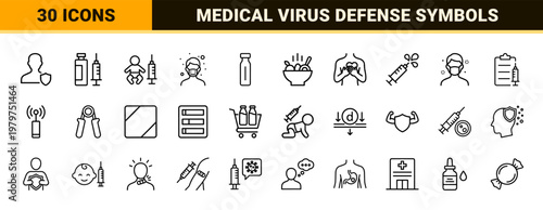 Medical immunity and virus protection outline icon set