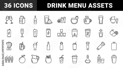 Minimalist beverage and drink line icons for cafe bar menu design