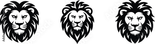 Set of majestic lion head mascot logos in black and white silhouette style representing strength power courage leadership and fierce wildlife protection vector illustration.