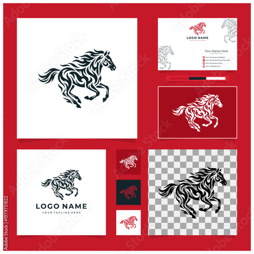 Tribal galloping horse vector logo, ornamental stallion mascot emblem for equestrian ranch and racing brands