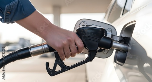 Person refueling a white car at a gas station with a black nozzle