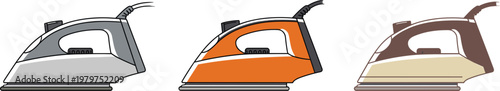 Collection of modern electric steam iron illustrations in various colors for laundry service housekeeping chore garment care and home appliance maintenance flat vector design.