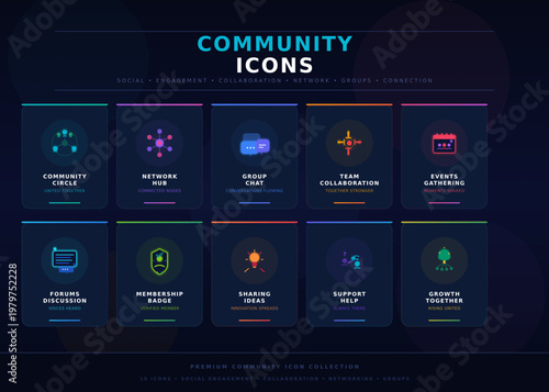 Set of ten community and social collaboration icons for networking and group hubs