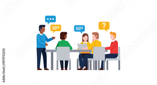 Diverse group of people discussing and brainstorming ideas around a table with speech bubbles