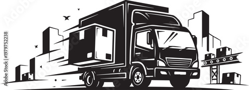 Delivery truck driving through cityscape in black and white