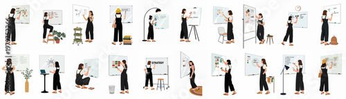 Illustrations of a creative female professional brainstorming, planning, and presenting brand strategies on whiteboards in various office scenarios.