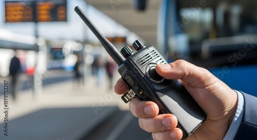 Hand holding a black two-way radio at a busy transportation hub station