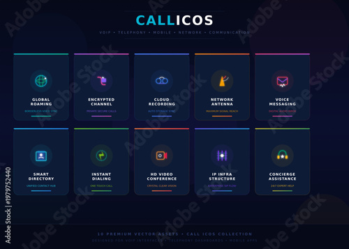 Call and telecommunications vector icons for voip interfaces and mobile applications
