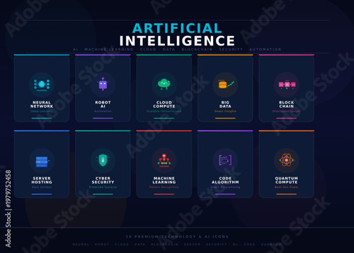 Set of ten artificial intelligence and modern technology icons in flat vector design style