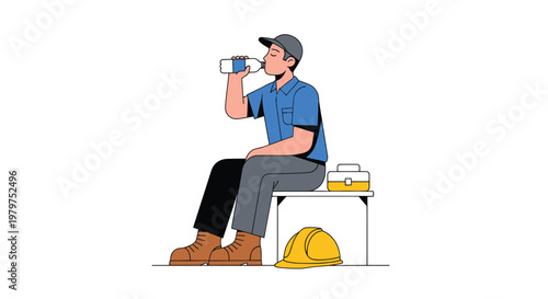 Man in blue shirt sits on bench drinking from cup with lunchbox and hard hat nearby
