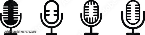 Set of retro microphone icons in minimalist black and white style suitable for podcasting radio broadcasting music recording studio equipment and vocal performance vector illustration.