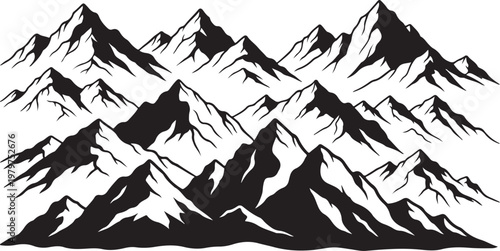 Snowy Mountain Range in Black and White Illustration Style
