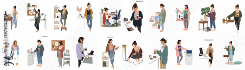 Collection of Vector Illustrations Featuring a Young Woman Working Remotely from Her Home Office in Various Daily Situations and Comfortable Clothing.