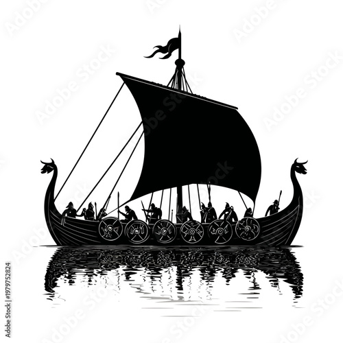 Black silhouette of a Viking longboat sailing.