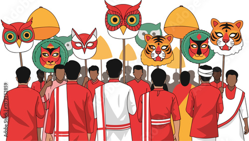 A vibrant cultural procession featuring people in traditional attire holding up large animal and symbolic masks, celebrating a festival.