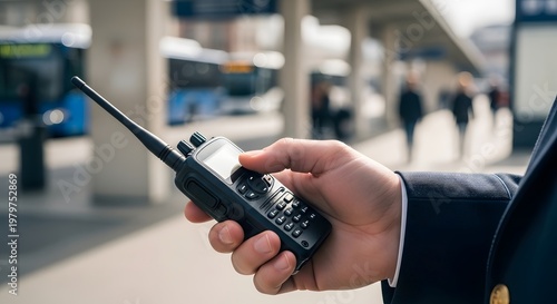 Businessman holding a walkie-talkie device in hand outdoors