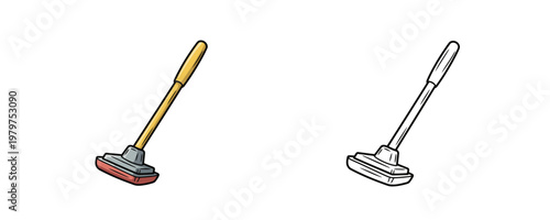 Cleaning mop with yellow handle and red pad in cartoon and line art style with grey and yellow colors represents household equipment for floor maintenance on white background