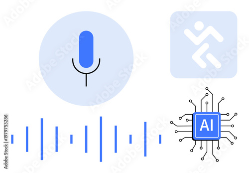 Voice recognition, artificial intelligence, machine learning, neural networks, automation, smart devices. A microphone icon, AI chip sound waves and tech symbols. Voice recognition and artificial