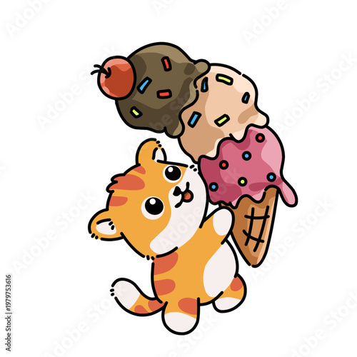 Cute cat holding colorful ice cream cones, playful cartoon illustration ideal for summer, dessert branding, and sticker design.