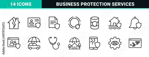 Minimalist insurance and protection line icons for business and finance